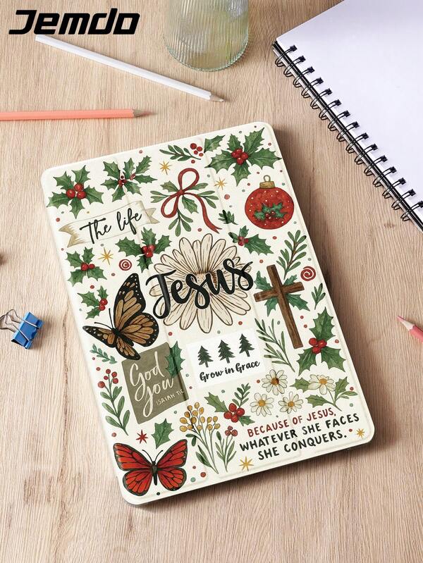 1pc Jesus Cross Christmas Slogan & Floral Pattern Tablet Protective Case, Compatible With 10.2" IPad (A16), 11" 11th Gen 2025 IPad 8th/9th/10th Gen, IPad Air 4th 10.9", Galaxy Tab S6 Lite 10.4", /, Anti-Drop, Pencil Slot, Sleep/Wake Support, Romantic Gift
