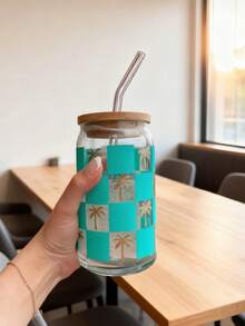 1pc/Set Coconut Tree Checkered Coffee Matcha Glass Straw Cup, Jar-Shaped Sparkling Water/Soda Glass Straw Cup, 16oz Glass Straw Cup With Straw, Best Gift For Friends - Multicolor - View 1