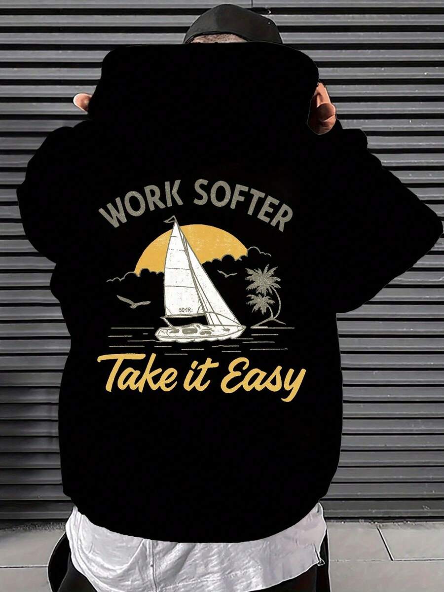 Sudadera con patrón de rayas vintage, trabajo fácil, impresión creativa de velero en la espalda, sudadera de moda para hombres, casual de otoño - Negro - Ver 1