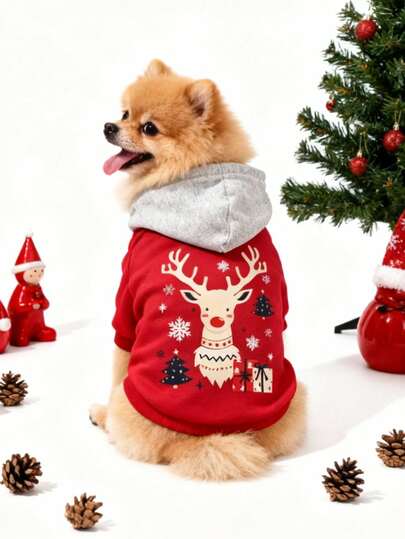 1 pieza Sudadera con capucha de felpa roja con estampado de copos de nieve y renos para gatos y perros, anti-pulgas, anti-pelos, cálida y transpirable, adecuada para mascotas de interior y exterior