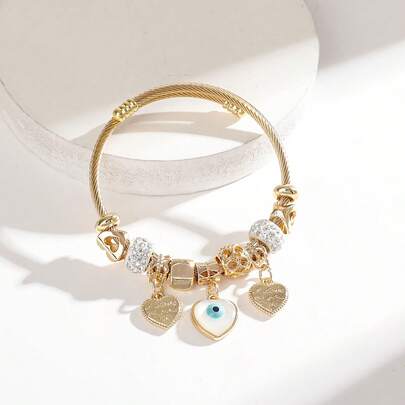 Evil Eye & Heart Charm Gold Cable Bracelet - Rhinestone Beaded Bangle, Lucky Fashion Jewelry For Women, Perfect Gift For Her Evil Eye Heart Gold Bracelet - Rhinestone Cable Bangle, Perfect Christmas/Birthday Gift For Women, Lucky Jewelry