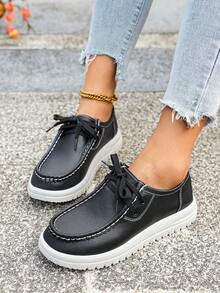 1 para jednokolorowych, sznurowanych, płaskich tenisówek z metalowymi oczkami, odpowiednich do biegania, na zewnątrz i wewnątrz, na każdą porę roku - Czarne - Zobacz 6