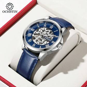 OCHSTIN automatisk mekanisk herrklocka romerska siffror transparent ihålig herrklocka automatisk självuppdragande handledsrem