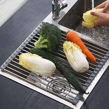 Estante de escurridor de platos para fregadero de cocina multifuncional con alfombrilla de secado de platos, estante de escurridor de platos enrollable y plegable de acero inoxidable - Negro - Ver 5