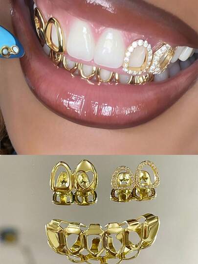 1 Set Fashionable Women's Hip Hop Rhinestone Hollow Heart & Hollow 6-Tooth Grill Teeth Grillz, Carnival Party Accessories, Christmas Couples Gift, Unisex