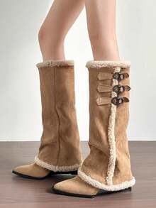 女士高筒靴，保暖内衬，雪地靴，高筒骑马靴，时尚护腿靴 - 卡其色 - 查看 6