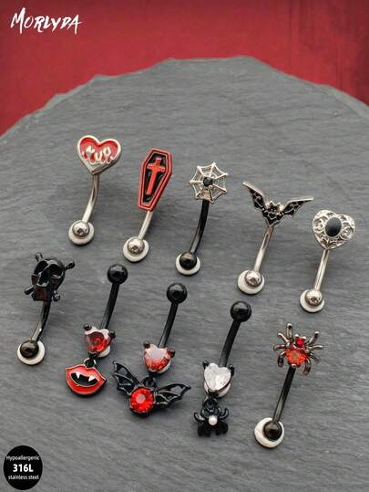 3 piezas/set Anillo de ceja punk gótico 16g, cruz, araña, fantasma, barra curvada, pendiente de cartílago, trágus, labio, joyería de piercing, seta, labio, corazón, diablo, daith, trágus, rook, hélice, pendiente de ombligo pequeño para uso diario y fiesta para mujeres y hombres