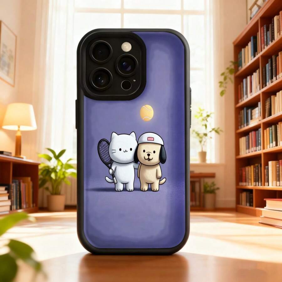 Cubierta de telefono con borde negro color morado con estampado de gato y perro jugando tenis para uso diario en interiores Aplicable a teléfonos Apple y Galaxy. - Burdeos - Ver 1