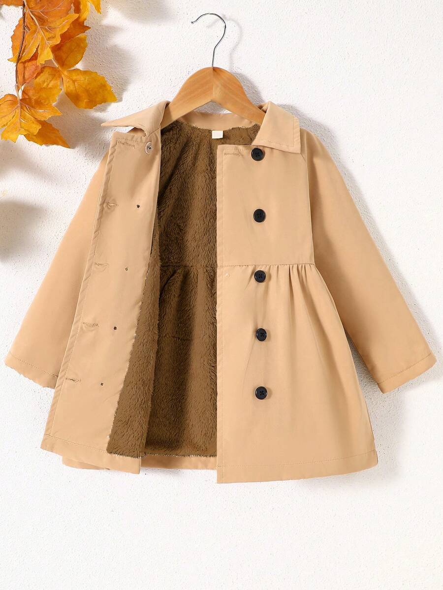 Young Girls Solid Color Casual Thermal Lined Double-Breasted Lapel Long Windbreaker, Autumn/Winter - Khaki - View 1
