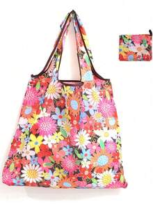 2pcs Foldable Large Capacity Floral Print Shopping Bags, Reusable Grocery Tote Bags, Creative Portable Handbag