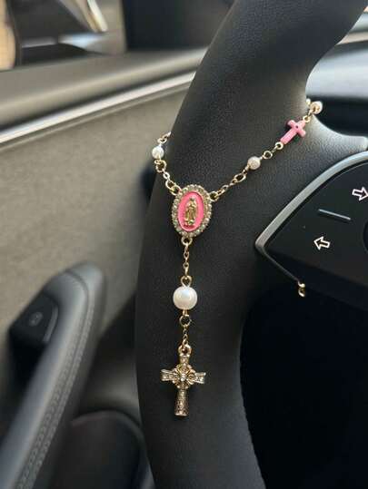 1PC Pink Steering Wheel Rosary Ornament, Rosary Car Pendant Accessory, Car Decoration, Car Ornament, Unique And Stylish Car Pendant Decoration.