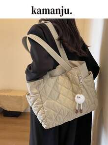 New Fashion Large Capacity Quilted Diamond Design Double Handle Shoulder Tote Bag, Lightweight And Portable, Women's Wallet, Suitable For Outdoor Travel In Summer, Decorated With Animal Pendants, Travel Essential Backpack - White - View 10