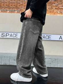 1pc Boys' Casual Straight-Leg Black Denim Jeans, Basic Style For Spring & Autumn - Grey - View 5