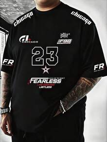 Plus Size Men's Casual Round Neck Short Sleeve T-Shirt With Number 23 & English Text, Fashionable Versatile For Daily Commute