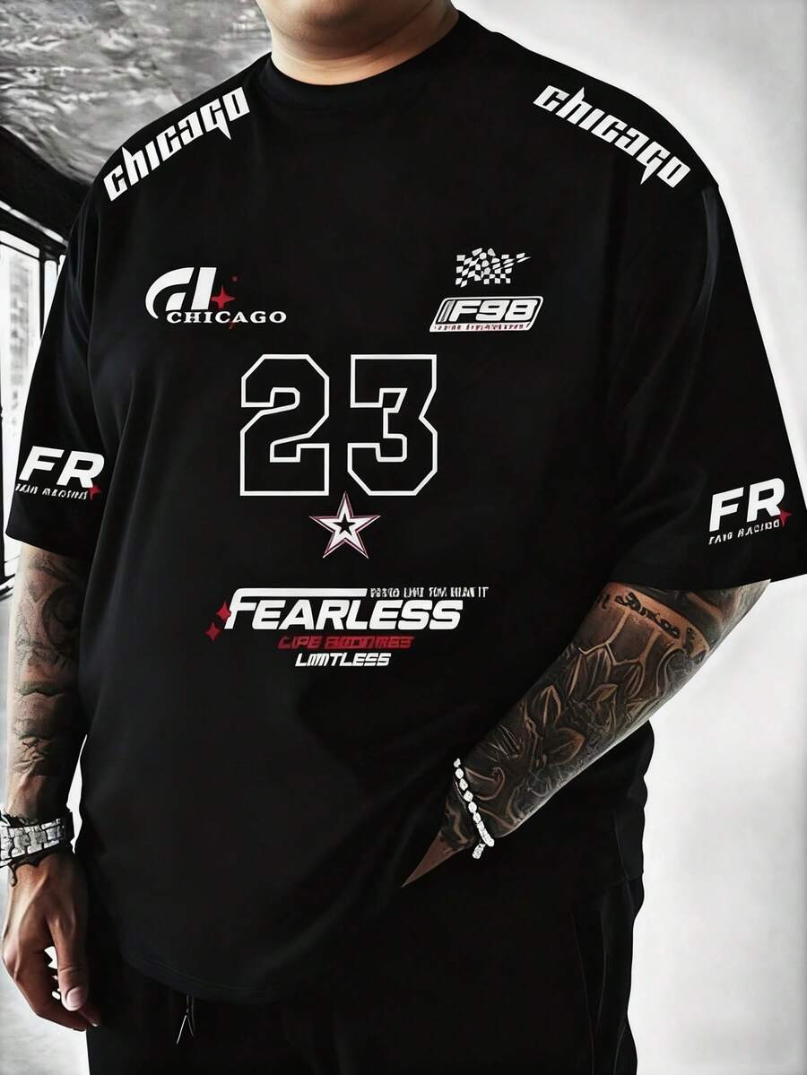 Plus Size Men's Casual Round Neck Short Sleeve T-Shirt With Number 23 & English Text, Fashionable Versatile For Daily Commute