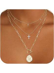 3Pcs Layered 14K Gold Plated Necklaces For Women Dainty Necklace Stack Silver Plated Non Tarnish Free Pendant Chunky Chain Pearl Paperclip Cross Heart Necklace Set For Women - 14K鍍金項鍊+十字架 - 查看 1