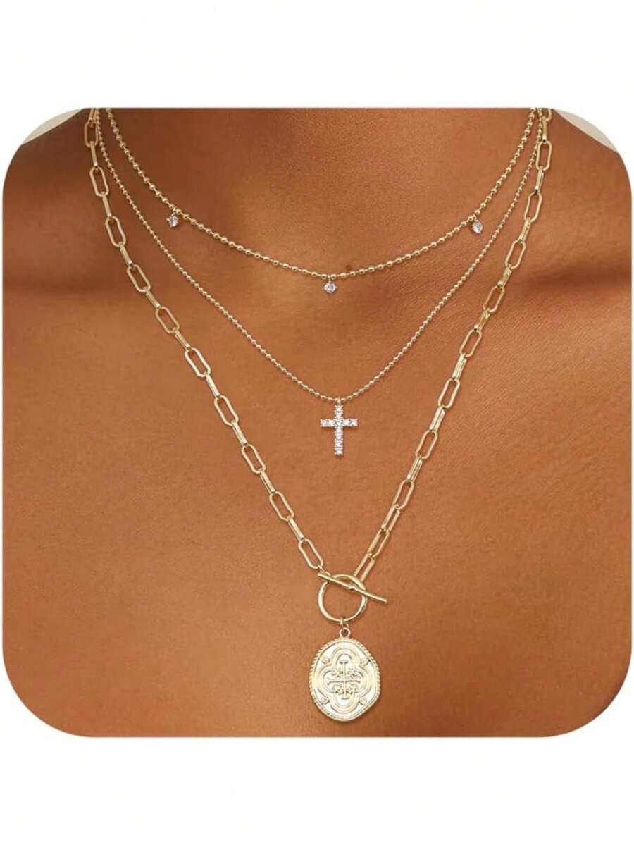3Pcs Layered 14K Gold Plated Necklaces For Women Dainty Necklace Stack Silver Plated Non Tarnish Free Pendant Chunky Chain Pearl Paperclip Cross Heart Necklace Set For Women - 14K鍍金項鍊+十字架 - 查看 1