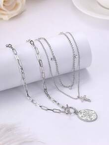 3Pcs Layered 14K Gold Plated Necklaces For Women Dainty Necklace Stack Silver Plated Non Tarnish Free Pendant Chunky Chain Pearl Paperclip Cross Heart Necklace Set For Women - 鍍銀項鍊+十字架 - 查看 6