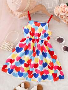 Young Girls' Valentine's Day Cute Bow & Heart Print Camisole Dress - Multicolor - View 2