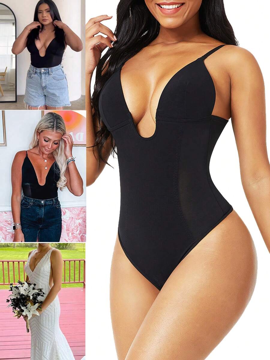 FeelinGirl Plus Size Women's Tummy Control Shapewear Bodysuit Deep U Neck Thong Body Shaper Seamless Slimming Shapewear - 黑色 - 查看 1