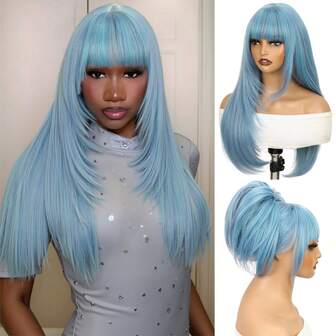 Peluca con flecos negros con flequillo, peluca larga y recta con capas, peluca larga y recta con mechas y flequillo, marrón mixto, clip y listo, peluca sintética larga y recta de 28 pulgadas sin pegamento, sin pegamento, para uso diario por mujeres