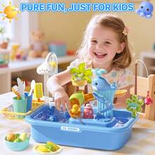 4-In-1 Pretend Play Kitchen Sink Water Play Table Interactive Washing Up Toy - Blue - View 8