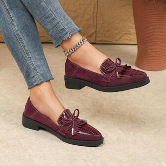 Zapatos planos de mujer con moño, estilo preppy, elegante, de moda, neutro, para ir y venir, casual, bohemio, con suela gruesa, punta puntiaguda, tacón ancho, apropiados para oficina, fiesta, vacaciones, exterior, hogar, todo el año, mocasines