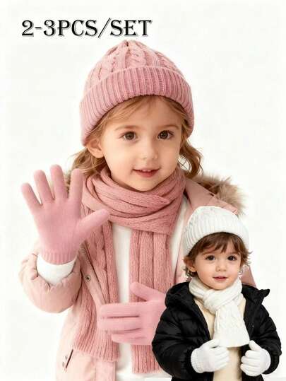 2/3pcs Kids Knitted Hat, Scarf And Gloves 3 Pieces Set, Warm Winter Outfit For Boys & Girls