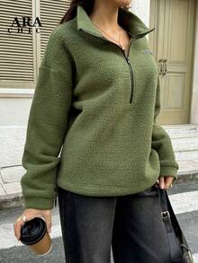 ARA CHIC Women's Lime Green Half-Zip Fleece Stand-Collar Sweatshirt - High-Street Style, Loose Fit, Warm & Comfortable Top For Outdoor & Office Wear, New Style For Autumn & Winter