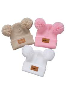 1/2/3件双绒球婴儿针织帽纯色羊毛钩针帽毛绒球儿童套头帽冬季保暖儿童无檐帽 - 彩色 - 查看 37