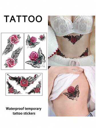3 pièces Faux tatouage temporaire Jeu de couple sexy Dentelle Papillon Floral Rose Y2K Imperméable Jetable Pour Femmes Et Hommes Visage, Bras, Taille, Poitrine, Jambe, Abdomen, Cou, Main, Doigt, Dos Pour Danse Fête Scène Performance Art corporel moderniste