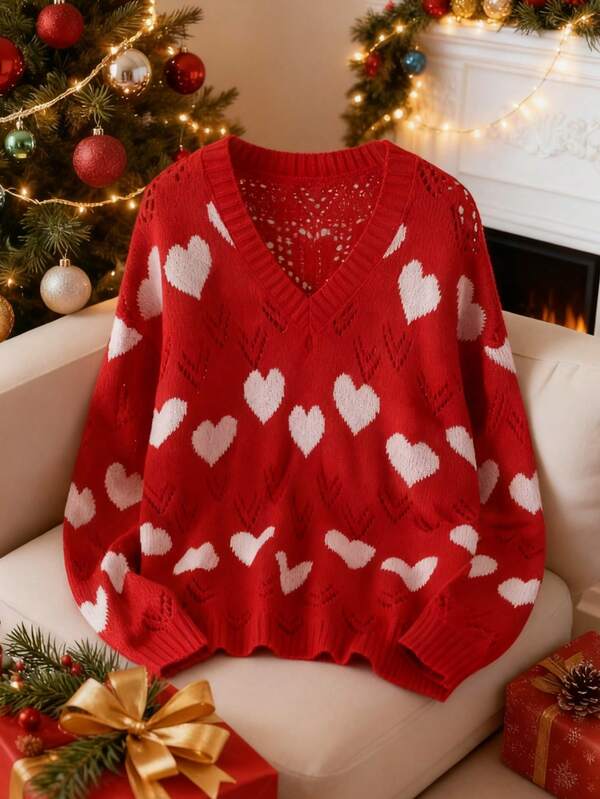 Women's Casual Comfortable Romantic Vintage Modern Commute Office Teacher Outfit Minimalist Hollow V-Neck Knit Sweater, Suitable For Home, School, Vacation, Date Night, Holidays, Daily Wear, Travel, Country Music Concerts, Christmas, New Year, Airport, Spring, Autumn, Winter