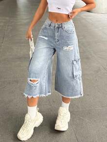 Women's Casual Fashion Y2K Distressed Raw Edge 3/4 Cargo Denim Jeans Summer - Light Wash - View 7