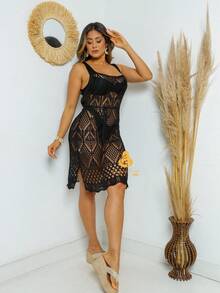 Short Beach Cover-Up With Detailed Knitted Tank Top - 黑色 - 查看 4