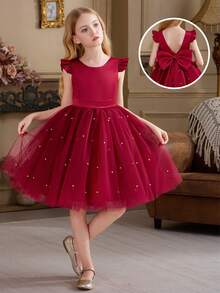 Tween Girl Burgundy Cap Sleeve Tulle Handmade Beaded Bow Christmas Party Elegant Dress, Princess Dress Suitable For Girls Birthday Party, Banquet, Prom, Flower Girl Wedding Dress, Thanksgiving, Graduation - Burgundy - View 5