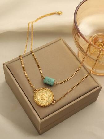 1pc Elegant Minimalist Stainless Steel & Copper Alloy Gold-Plated Coin Bead Pendant Necklace, Suitable For Women's Daily Wear And Holiday Gifts, Excluding Gift Box Shown In The Image