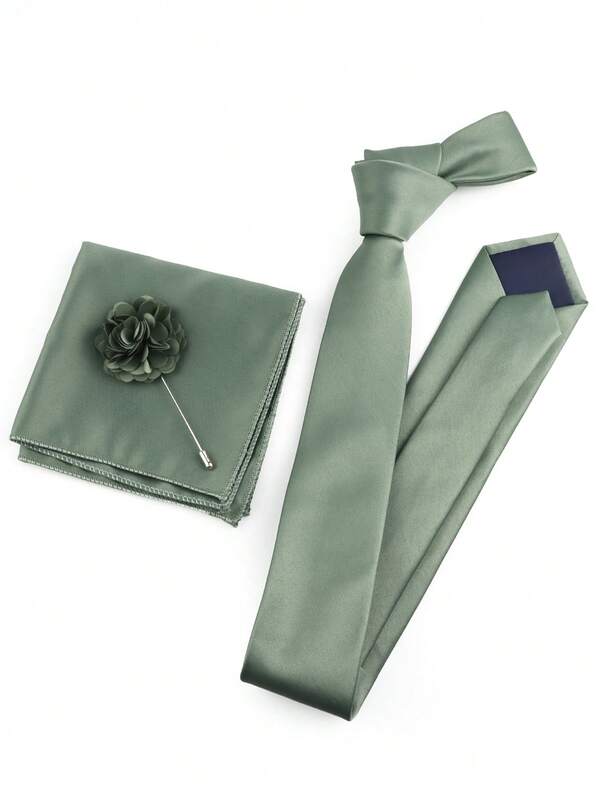 ZONFAZ 3pcs Men's Business Fashion Silk-Feel Military Green Accessory Set: 1 Tie (6cm), 1 Pocket Square, 1 Lapel Flower, Suitable For Weddings, Celebrations, Parties