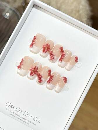 Of Pure Handmade Wearable Nails With Beautiful Square Nail Shape, Autumn And Winter Hand-Painted Nails With Hand-Painted French 3 Carving, Personalized Dopamine Color, Homemade Press On Nails