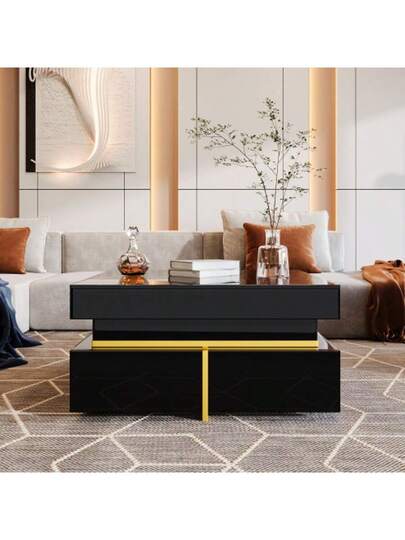 Couchtisch, Hochglanz Wohnzimmertisch, Beistelltisch Mit Schubladen Und Goldenen Akzenten view 3