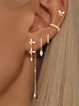 5 piezas Hermoso juego de aretes de mujer con colgantes de borlas, chapados en oro de 24K con circonita cúbica, aretes de aro y aretes de mariposa