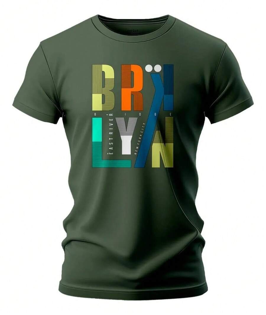 Camiseta Unissex  Estilo Streetwar Estampada Brooklyn Letras Grandes Coloridos Street style Camisa  Estilosa Masculina e Feminina - 100% Algodão Promoção Frete Grátis Rápido - Verde Escuro - Visão 1