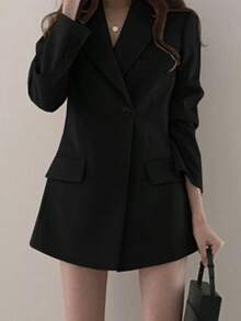 Blazer para mujer Blazer elegante y versátil de cintura alta, chaqueta informal de corte holgado para el trabajo. - Negro - Ver 1