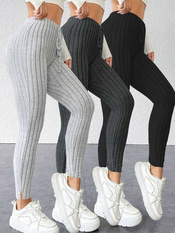 3 piezas Pantalones ceñidos casuales de mujer de unicolor acanalados con cintura elástica trenzada