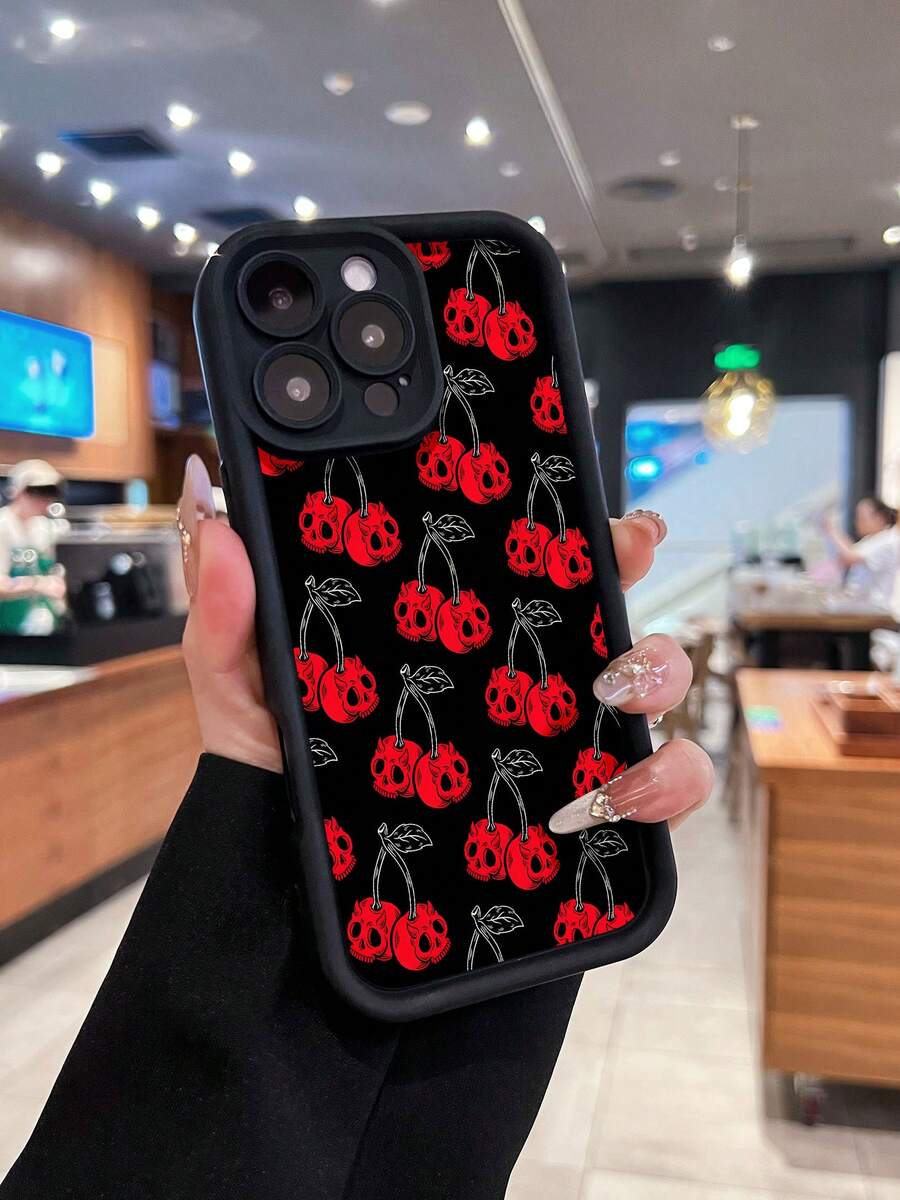 Funda para teléfono con diseño de calavera y cereza, compatible con teléfonos ,  17,  16 Pro Max,  15 Pro Max,  13 y  12. Fabricada en TPU para una protección eficaz contra golpes y caídas. Un regalo ideal para familiares, amigos, seres queridos, parejas y para Halloween. - Negro - Ver 1