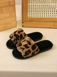 热搜网红仙女风豹纹毛绒拖鞋女装2025秋季新款平底拖鞋圆字棉拖鞋 - 咖色 - 查看 15