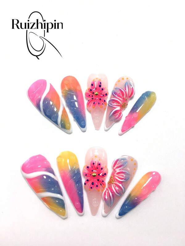 Each Set Includes 10 Pieces Of Y2K Fine High-Heeled Handmade Acrylic Nail Tips, Featuring French Designs Adorned With Rhinestones, Spots, And Floral Accents. Available In Multiple Color Tones And Nude Shades. Three Sizes Fit Perfectly For Parties, Galas, And Daily Wear. Includes A Nail Art Tool Kit, Making It The Ideal Gift For Women And Girls.