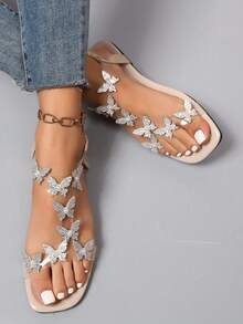 Women'S Summer Bowknot & Rhinestone Elegant Flat High Heel Peep Toe Sandals & Slippers For Women, Bohemian Party Shoes - 杏色 - 查看 3