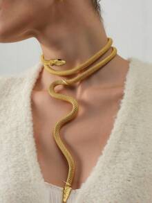 1pc Women's Fashion Creative Choker Necklace, Leopard/Snake Skin Print Net Chain Snake Necklace, Adjustable Style, Fashionable Punk Personalized, Suitable For Daily And Party Wear - Gold+Black - View 7