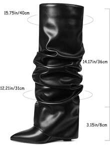 Winter Boots Women Slouched Ruched Fold Over Boots Covered Wedge Block Heel Knee High Punk Gothic Fashion Luxury Shark Shoes For Woman - màu đen - Xem 6