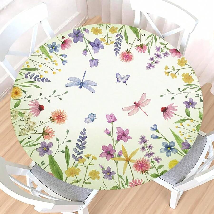Water-Resistant Round Tablecloth With Elastic Edge For 40-44" Tables - Fresh-floral Green - View 1